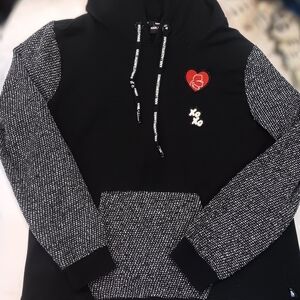 Karl Lagerfeld Black Hoodie with Red Heart Patch and Contrast Sleeves